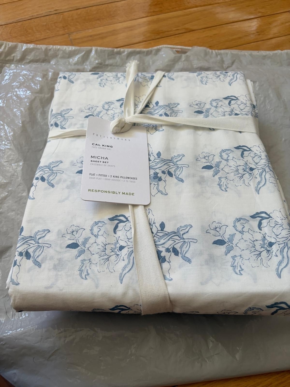 Pottery Barn White Sheet Set with Blue Floral Print